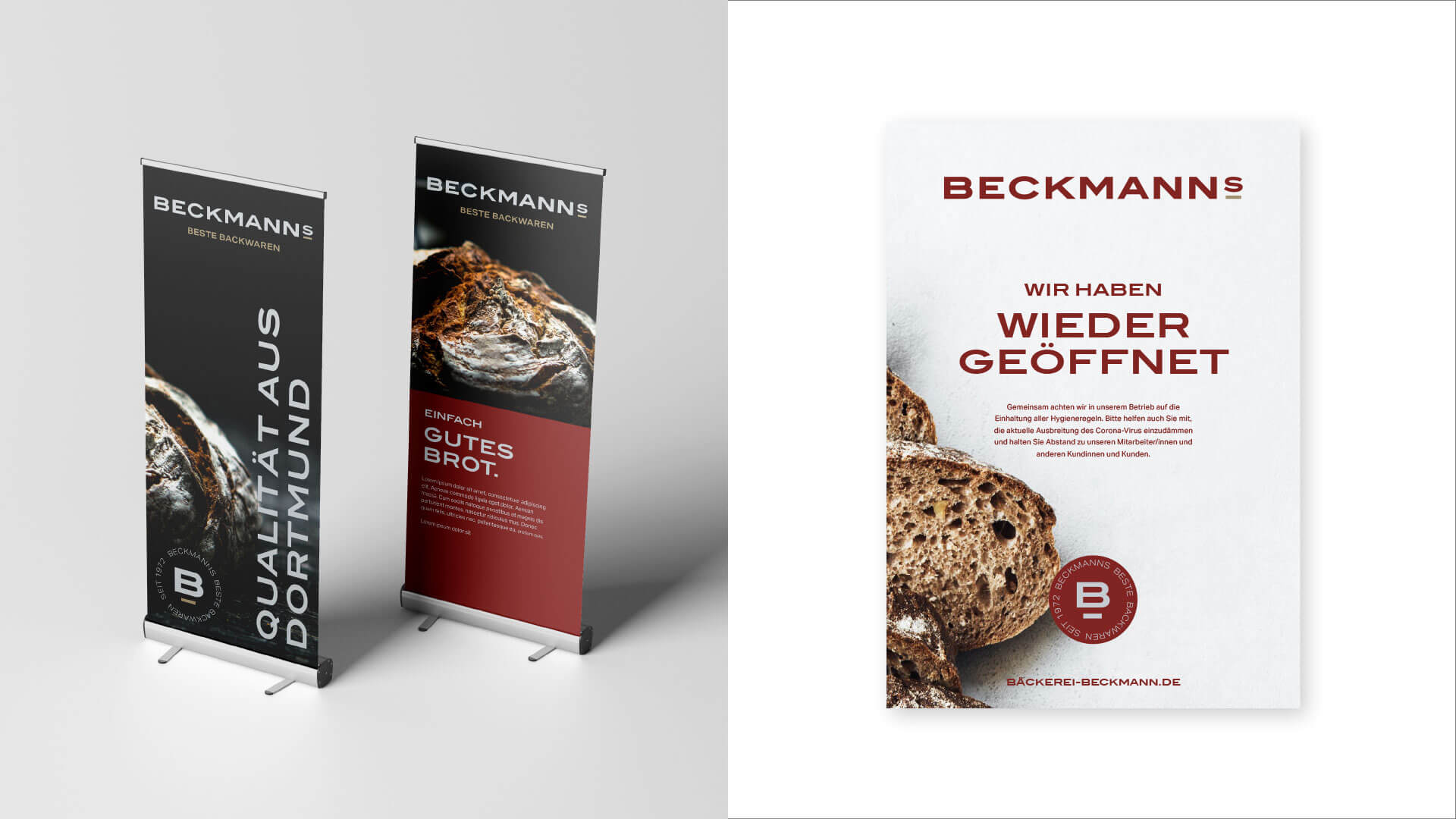 Roll-ups and a poster in the corporate design of Bäckerei Beckmanns