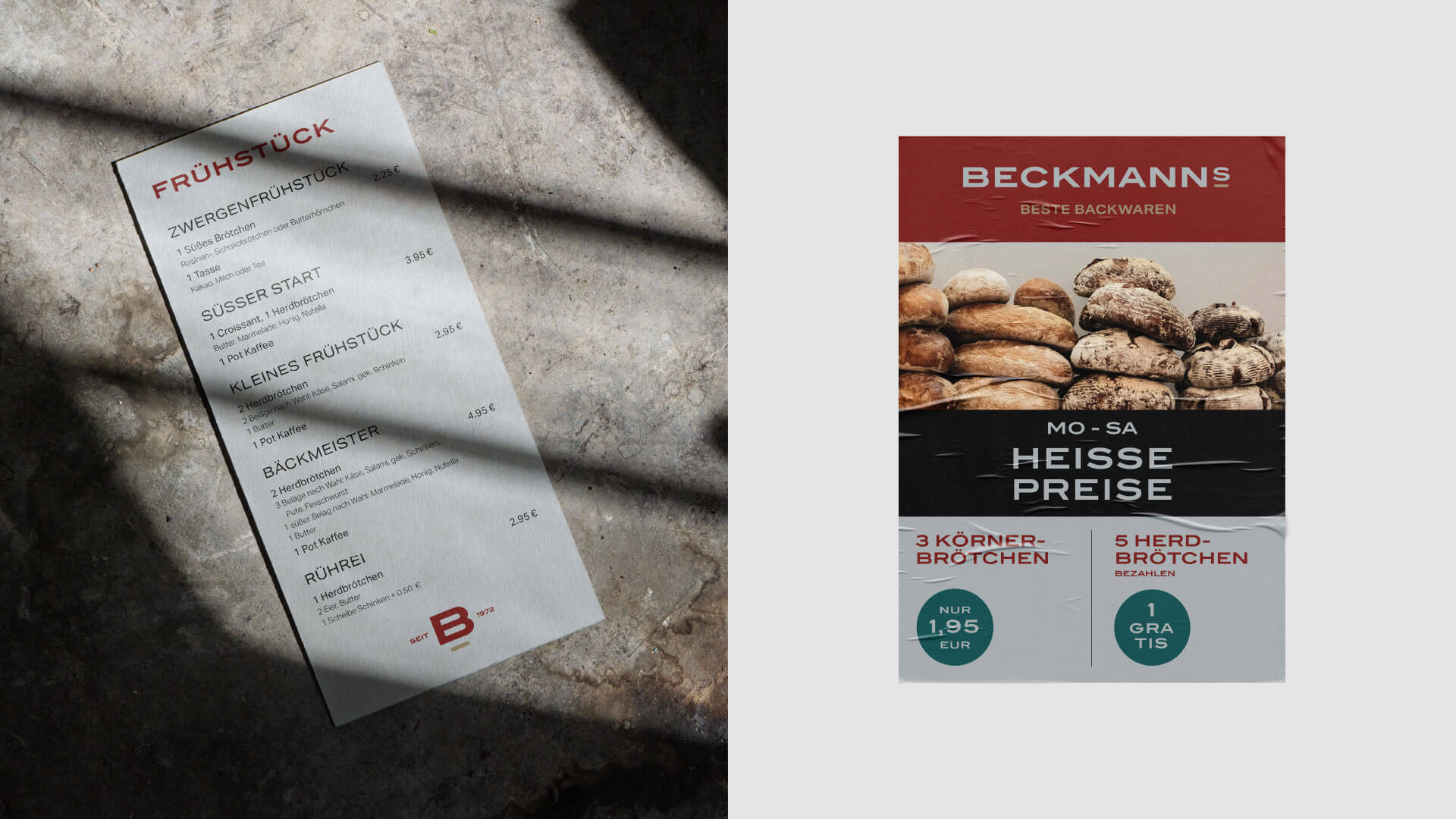 Eine Speisekarte und ein Poster im Corporate Design der Bäckerei Beckmanns