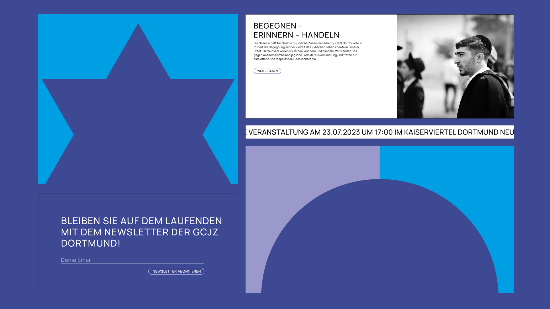 An overview of various elements of the website for the Gesellschaft für christlich-jüdische Zusammenarbeit (Society for Christian-Jewish Cooperation), designed by Florida Brand Design.