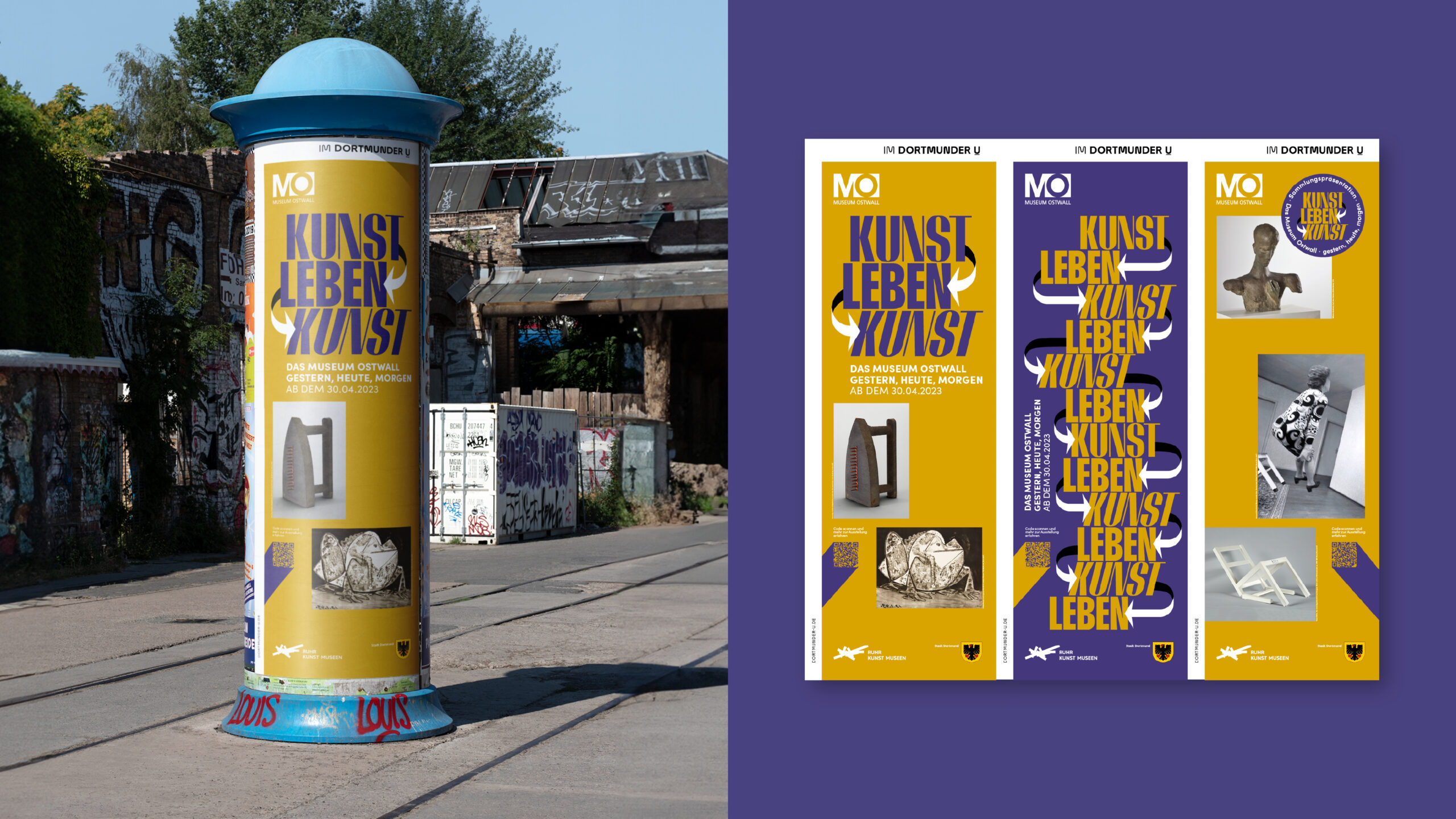 Advertising pillar for the exhibition Kunst Leben Kunst by Museum Ostwall in the Dortmunder U - Design by Florida Brand Design.