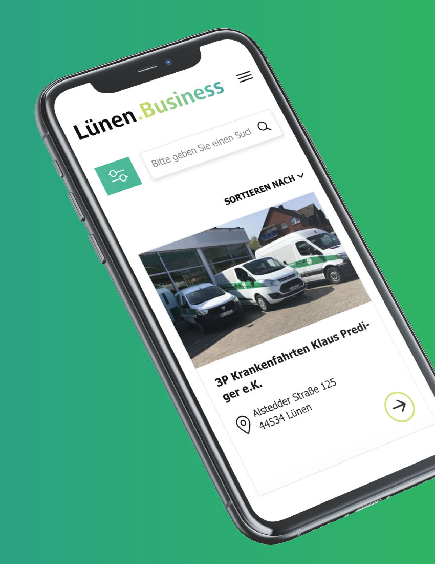 Mobile Ansicht der Lünen.Business Plattform auf einem iPhone mit grün-weißem UI/UX Design, gestaltet von Florida Brand Design für die digitale Wirtschaft der Stadt Lünen.