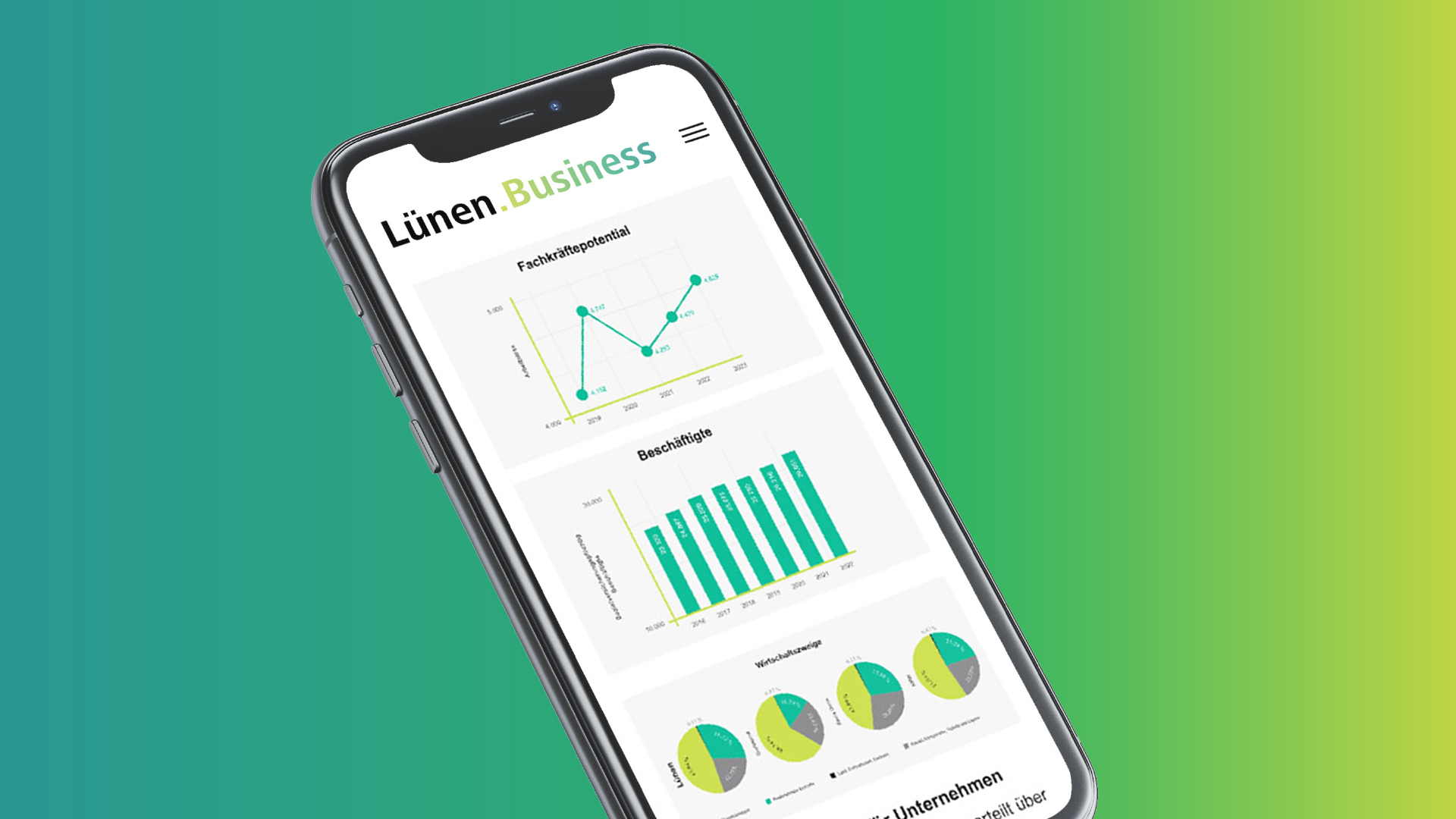 Mobile Ansicht der Lünen.Business Plattform auf Smartphone, modernes UI/UX Design und grafische Datenvisualisierungen umgesetzt von Florida Brand Design für die digitale Wirtschaft der Stadt Lünen.